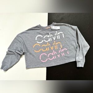 Calvin Klein Size S Performance SSliced Logo Gray Cropped Long Sleeve Sweatshirt